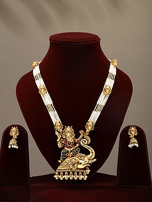 Beaded Blessing Lord Ganesha Long Necklace Set with Earrings