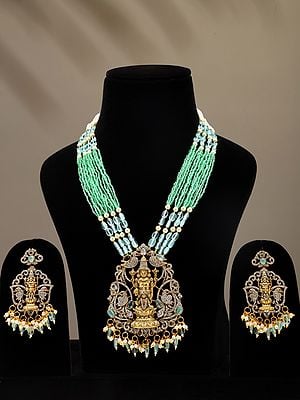 Green & White Beaded and Stone Studded Lord Venkateshvara with Goddess Lakshmi Long Necklace and Earrings Set