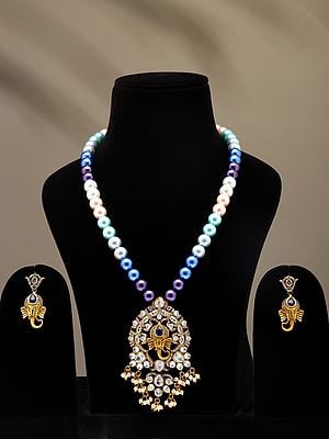 Multicolor Pearl Strand Lord Ganesha Face Necklace Set with Earrings