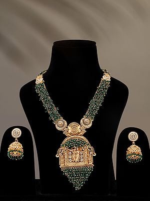 Radha Krishna Long Temple Necklace and Earring Set with Green Beads