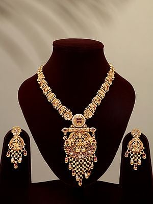 Stone Studded Goddess Gajalakshmi long Necklace Set with Earrings