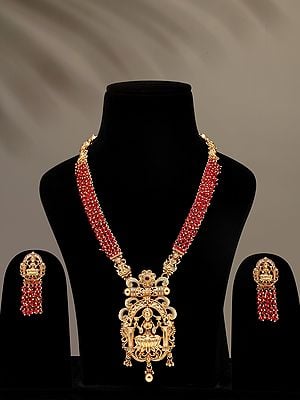 Goddess Lakshmi Long Temple Necklace and Earring Set with Beads