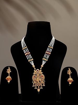 Stone Studded and Beaded Fluting Krishna with Cow Necklace Set with Earrings