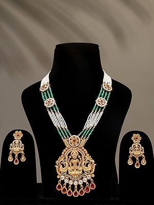 Stone Studded and Beaded Blessing Goddess Lakshmi Necklace Set with Earrings