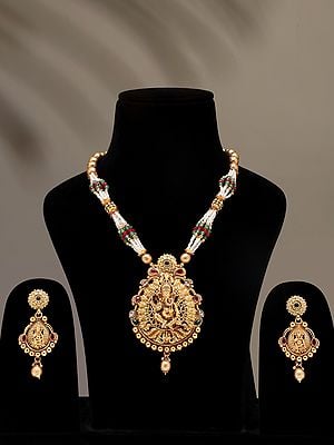 Chaturbhuja Lord Ganesha Necklace and Earrings Set with Beads