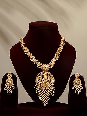 Stone Studded Blessing Lord Ganesha long Necklace Set with Earrings