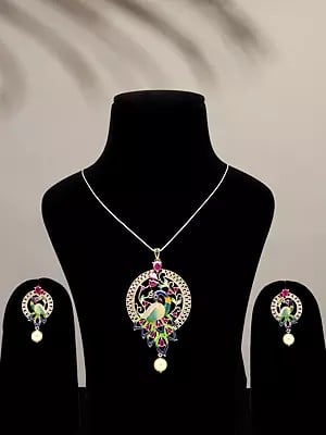 Multicolor Stone Studded Peacock Pendant and Earrings Set with Pearl Drop