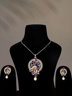 Multicolor Stone Studded Peacock Pendant and Earrings Set with Pearl Drop