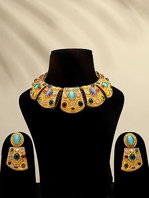 Multicolor Stone Studded Collar Necklace Set with Earrings