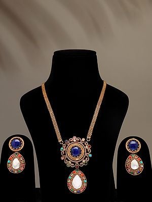 Textured Chain Multicolor Stone Studded Long Necklace Set with Earrings