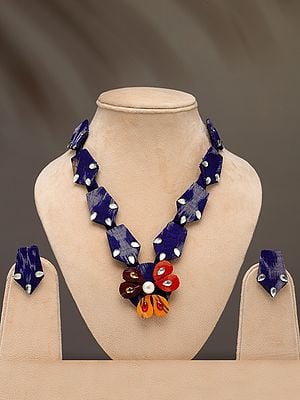 Stone Studded Floral Design Handloom Sambalpuri Fabric Necklace and Earrings Set