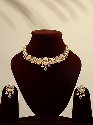 Traditional South Indian Temple Goddess Laxmi Necklace and Earrings Set