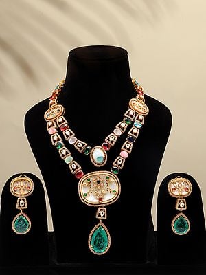 Multi Stone Studded Two Layer Long Necklace Set with Earrings