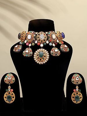 Multicolor Stone Studded Choker and Earrings Set