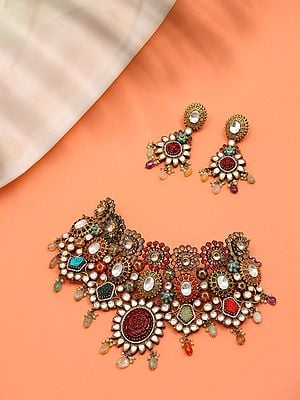 Padmavati Multi Stone Studded Choker Necklace Set with Earrings