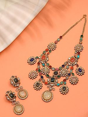 Multi Stone Three Layered Necklace Set with Earrings