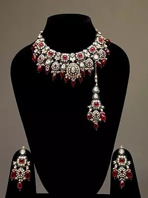 Stone and Kundan Studded Necklace Set with Earrings and Mangtika