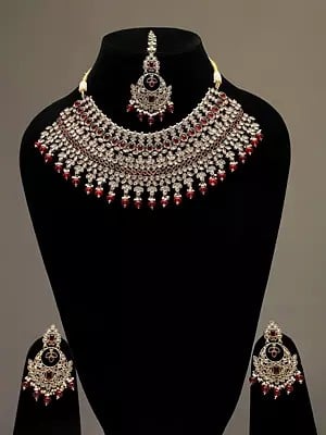 Red and White Stone Studded Necklace Set with Earrings and Mangtika