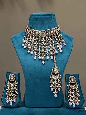 Stone Studded Choker Necklace Set with Earrings and Mangtika