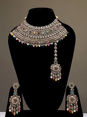 Multicolor Stone Studded Choker Necklace Set with Earrings and Mangtika