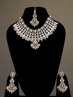 Kundan Studded and Beaded Necklace Set with Earrings and Mangtika