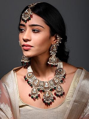 Kundan Studded and Beaded Necklace Set with Mangtika and Earrings with Chain