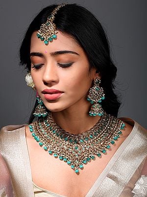 Stone Studded Necklace Set with Earrings and Mangtika with Drop Beads