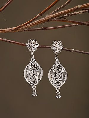 Sterling Silver Filigree Earrings with Flower Motif and Ghungroo Bells