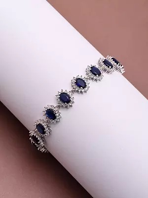 Oval Blue Sapphire & Cubic Zirconia Sterling Silver Bracelet