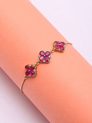 Sterling Silver Bracelet with Ruby Flower Design & Diamond Accents
