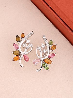 Leaf Design Gemstone Stud Earrings in Sterling Silver