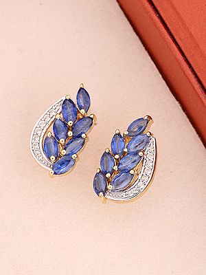 Faceted Sapphire Leaf Sterling Silver Stud Earrings with Diamond Accents