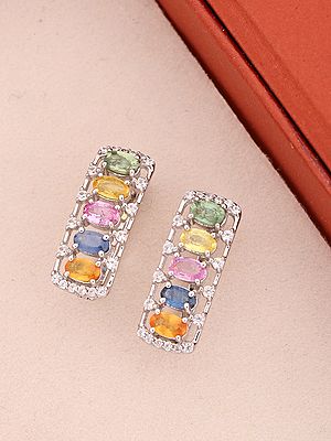 Rectangular Multi-Gemstone Sterling Silver Stud Earrings