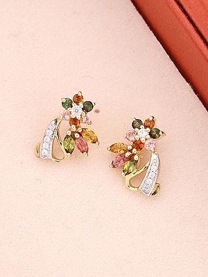 Sterling Silver Stud Earrings with Multi-Color Tourmaline Floral Accents