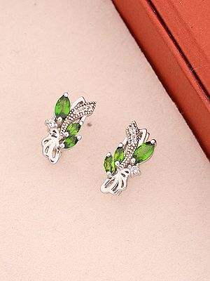 Sterling Silver Stud Earrings with Green Tourmaline Leaf Design