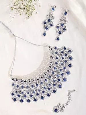 Royal Blue American Diamond Bridal Necklace Set with Maang Tikka