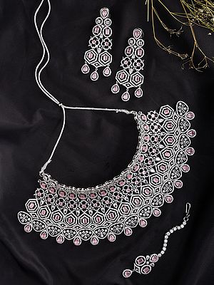 Teardrop American Diamond Bridal Necklace Set with Maang Tikka