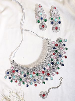 Bridal Necklace Set with Teardrop American Diamonds and Colorful Gemstones