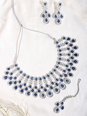 Blue Stone Statement Necklace Set with Maang Tikka and Earrings