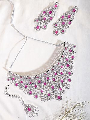 Statement Jewelry Set: Necklace, Earrings & Mangtika with Pink Stones