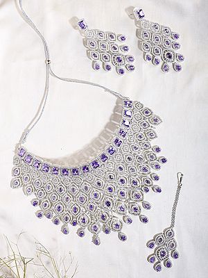 Purple American Diamond Bridal Necklace Set with Mang Tika