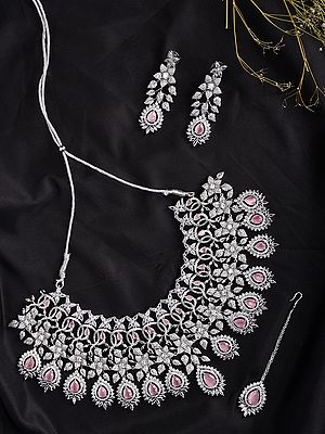 Bridal Choker Necklace Set with Pink American Diamonds and Maang Tikka
