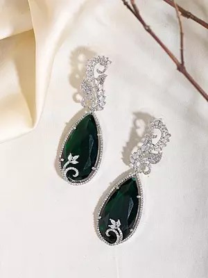 Teardrop Green Gemstone Earrings with Diamond Leaf Accents