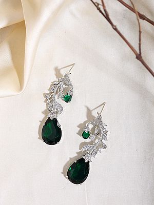 Floral Design American Diamond Earrings with Green Gemstone Drop