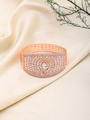 Rose Gold Finish Sunburst Design American Diamond Cuff Bracelet