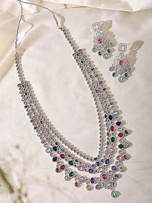 Multi-Strand Navratna Style American Diamond Bridal Necklace Set with Statement Earrings