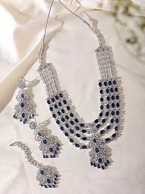 Multi Strand Oval Cut American Diamond Bridal Necklace Set with Maang Tikka