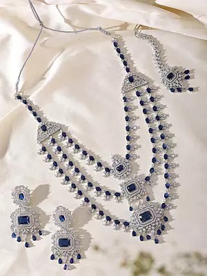 Royal Multi Strand American Diamond Bridal Necklace Set with Maang Tikka