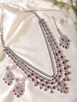 Stone Studded American Diamond Multi Strand Bridal Necklace Set with Maang Tikka
