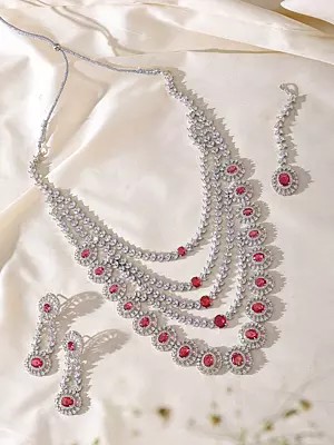 Oval cut Stone Studded American Diamond Multi Strand Necklace Set with Maang Tikka